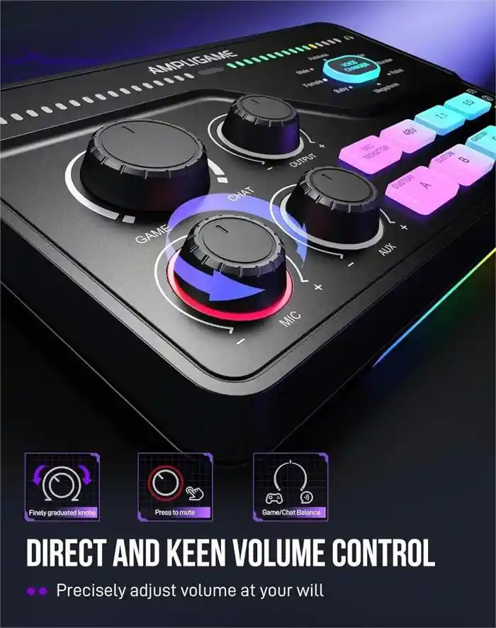 Fifine AmpliGame SC8 USB audio mixer with XLR/headset/optical in, voice/EQ/7.1 effect & sidetone/sample buttons, press mute vol. & chat mix dial